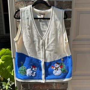 White Stag Christmas Sweater Vest XL Snowman Polar Bear Trees Sequins
